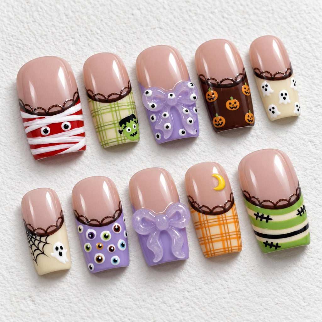 Kawaii Halloween Press On Nails, 3D Mummy Frankenstein Ghost Nail Set, Pumpkin & Eyeball Accents, Handmade Square Nails