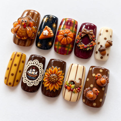 Handmade Kawaii Thanksgiving Press On Nails, 3D Turkey Nail Set, Pumpkin Pie & Sunflower Accents, Nails For Cozy Fall Vibes
