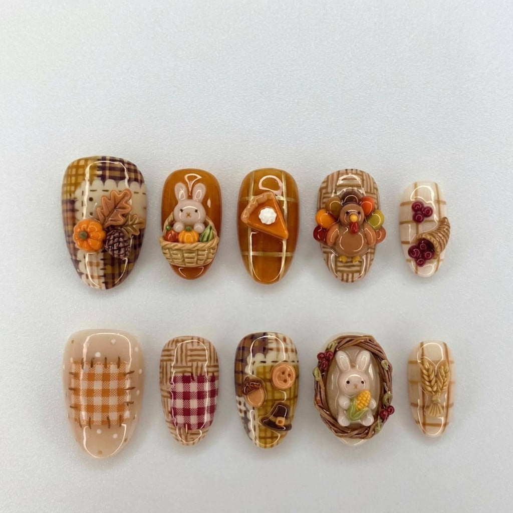 Handmade Thanksgiving Press On Nails, Cute 3D Bunny & Turkey Nail Set, Pumpkin Pie Plaid, Wheat Accents, Nails For Autumn Vibes