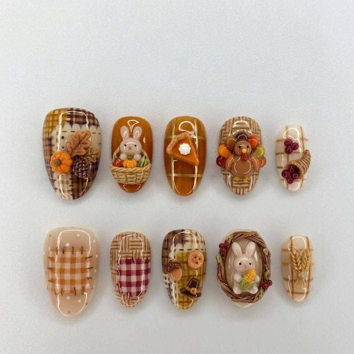 Handmade Thanksgiving Press On Nails, Cute 3D Bunny & Turkey Nail Set, Pumpkin Pie Plaid, Wheat Accents, Nails For Autumn Vibes