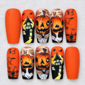 Spooky Halloween Press On Nails, Orange Haunted House Nail Art, Custom Holiday Nails