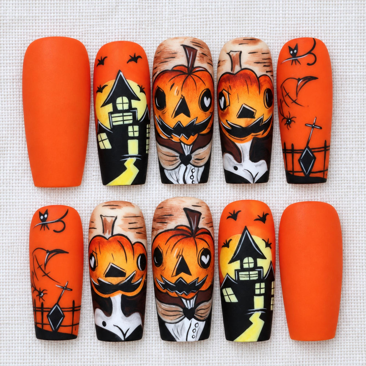 Spooky Halloween Press On Nails, Orange Haunted House Nail Art, Custom Holiday Nails
