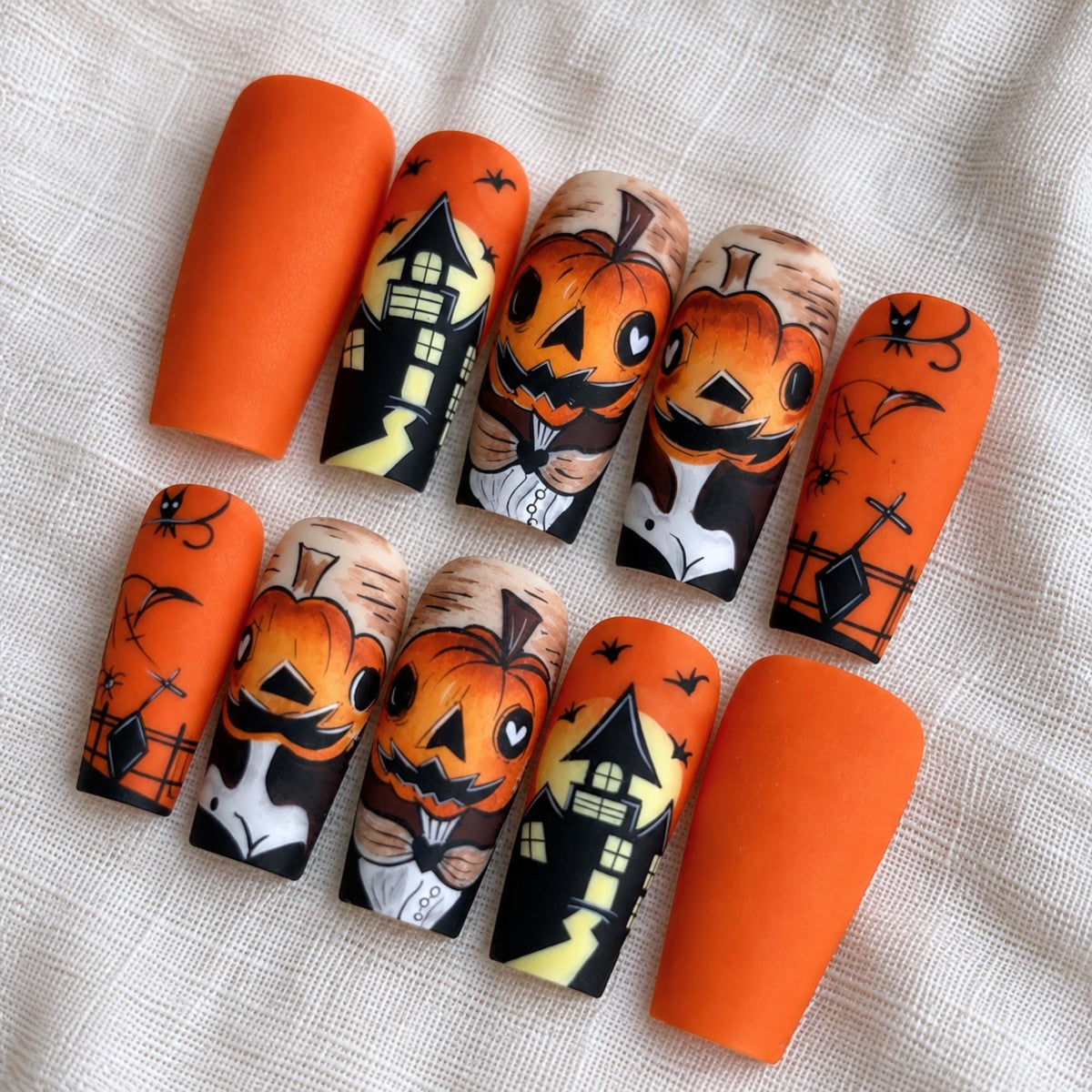 Spooky Halloween Press On Nails, Orange Haunted House Nail Art, Custom Holiday Nails