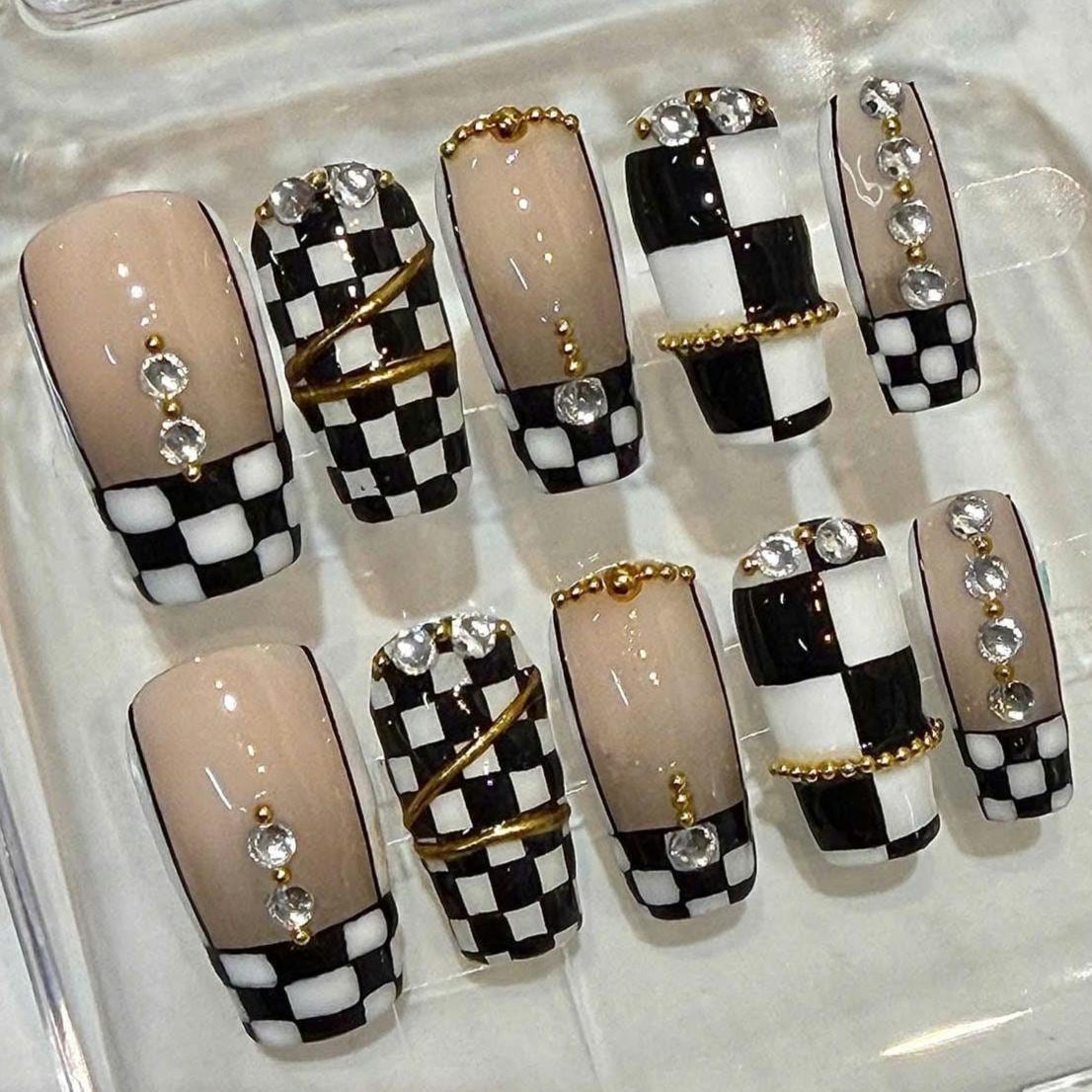 Black White Checkerboard Press-On Nails | Rhinestone Gold Bead Stiletto Set