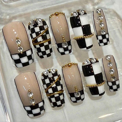 Black White Checkerboard Press-On Nails | Rhinestone Gold Bead Stiletto Set