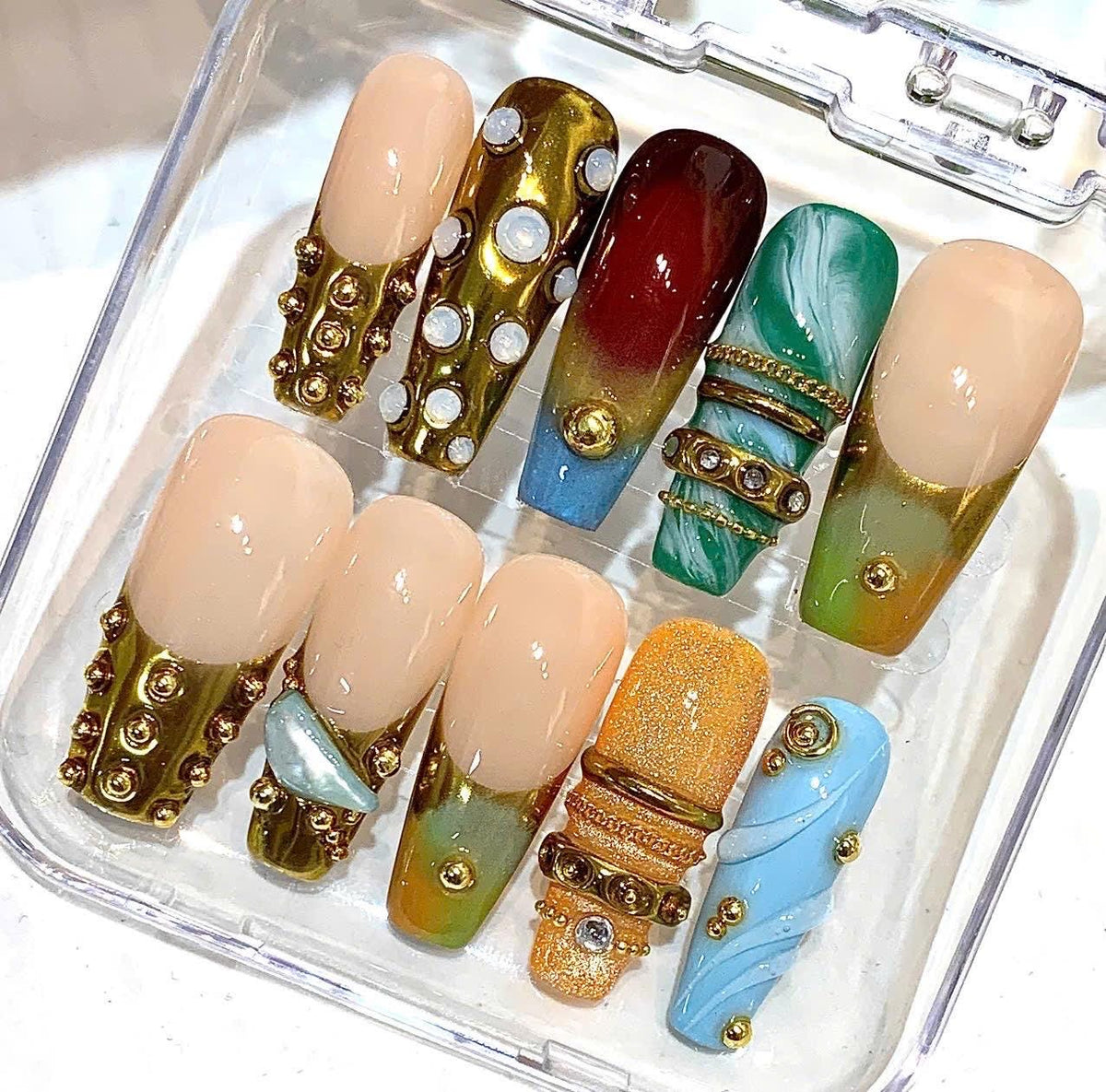 Luxury Press-On Nails, Gold Chrome, Gemstone, Square Fake Nails (Set)