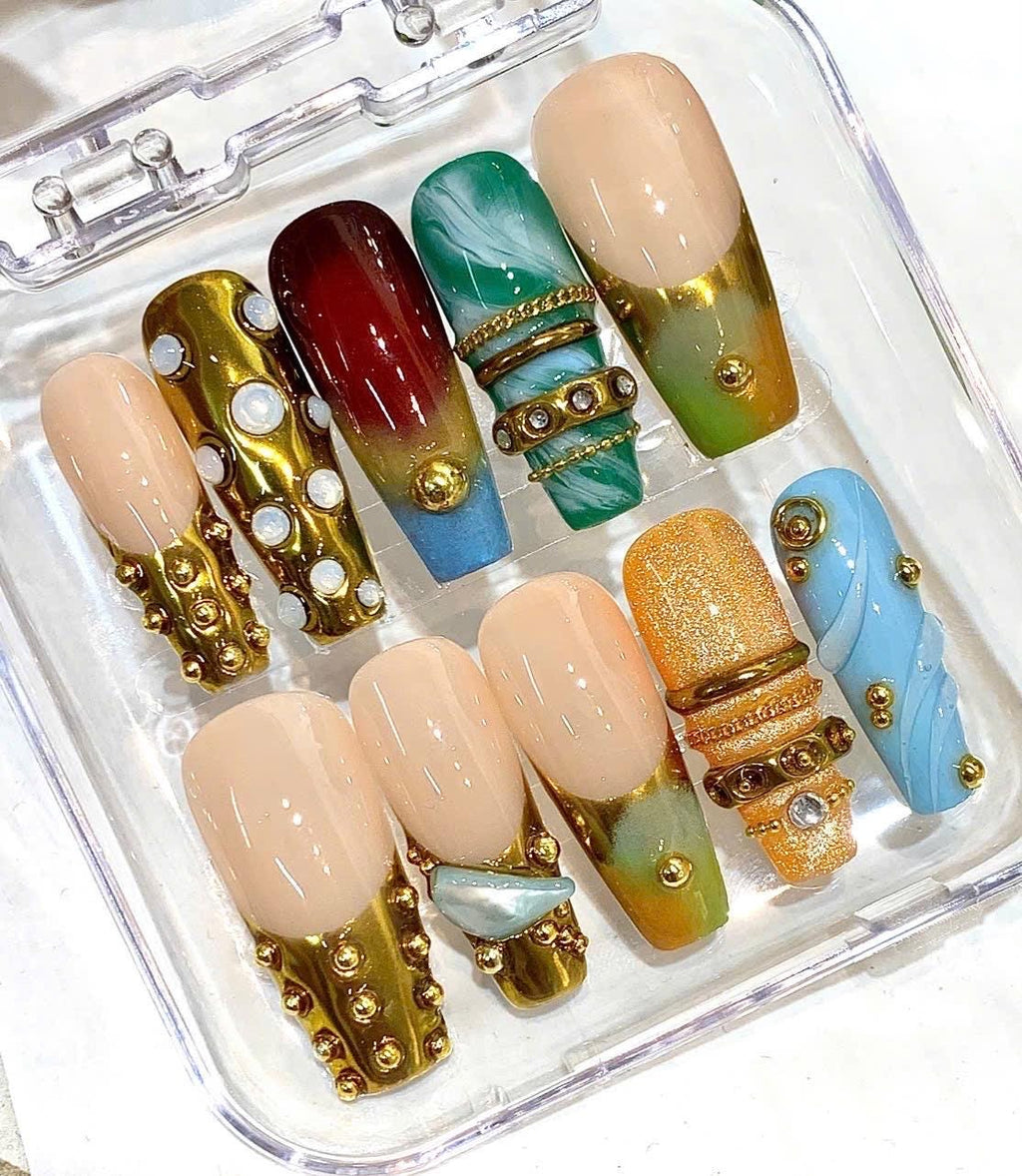 Luxury Press-On Nails, Gold Chrome, Gemstone, Square Fake Nails (Set)