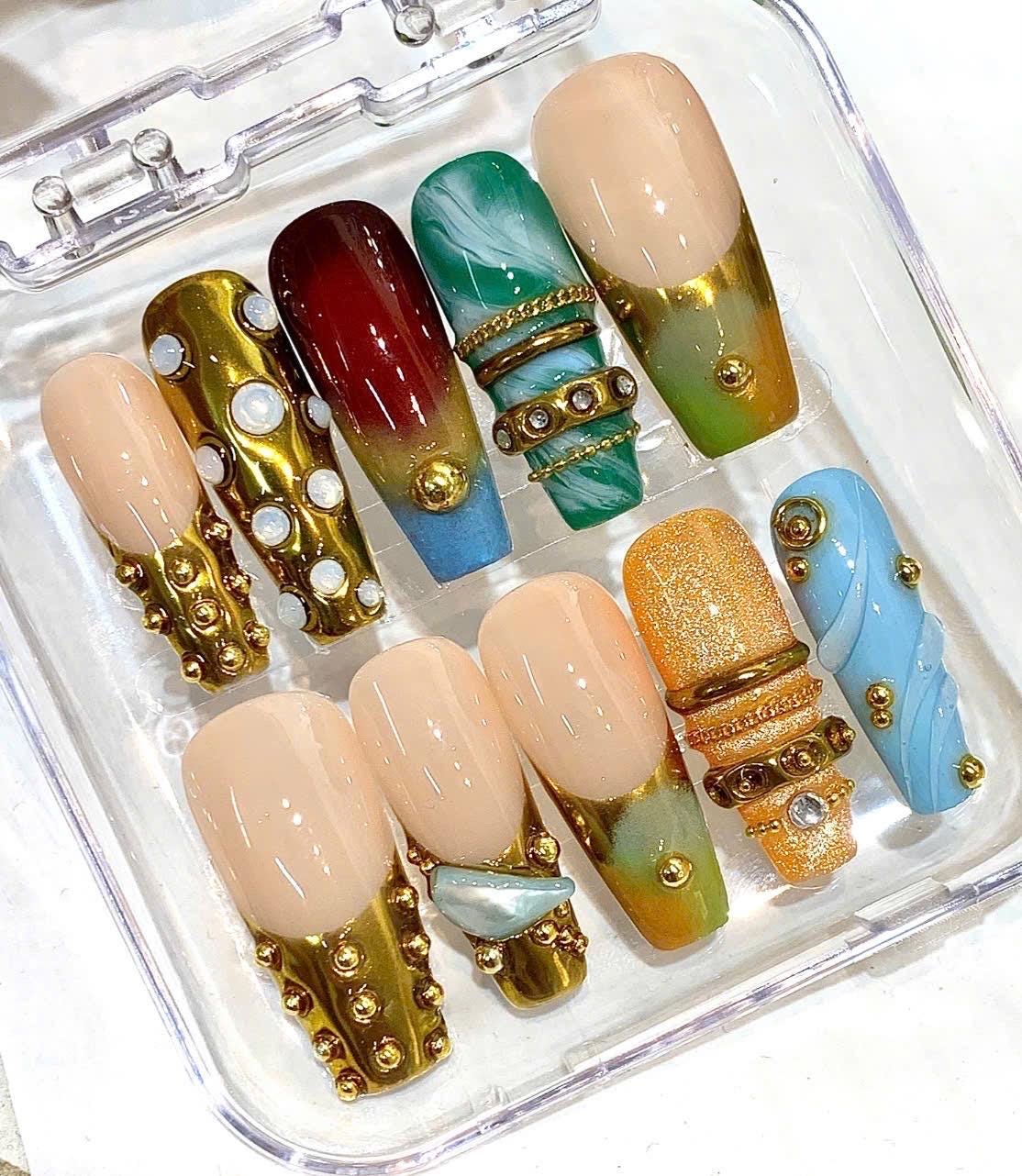 Luxury Press-On Nails, Gold Chrome, Gemstone, Square Fake Nails (Set)
