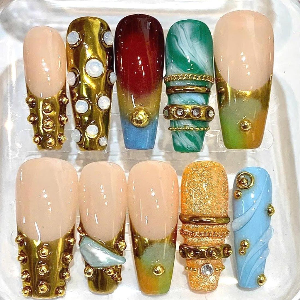 Luxury Press-On Nails, Gold Chrome, Gemstone, Square Fake Nails (Set)