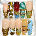 Luxury Press-On Nails, Gold Chrome, Gemstone, Square Fake Nails (Set)