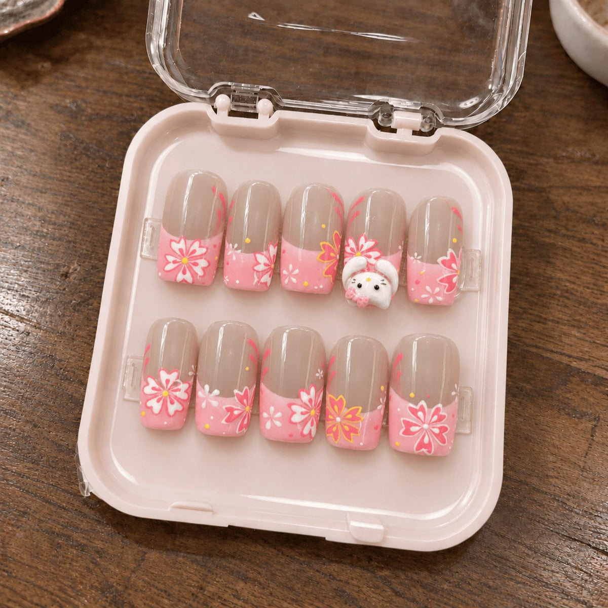 Kawaii Cat Press On Nails, Pink Floral French Tip Nails