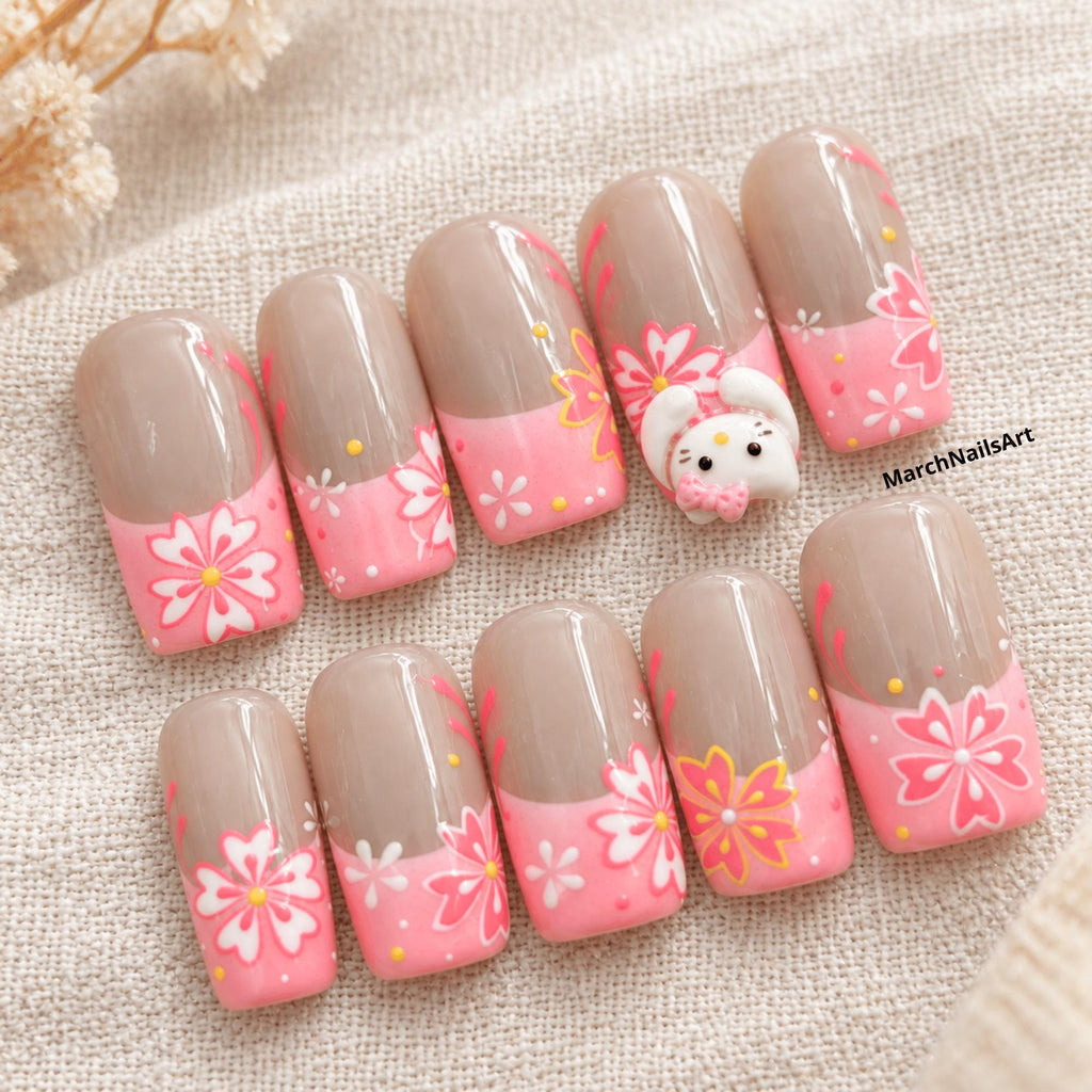 Kawaii Cat Press On Nails, Pink Floral French Tip Nails