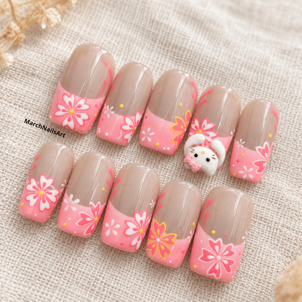 Kawaii Cat Press On Nails, Pink Floral French Tip Nails