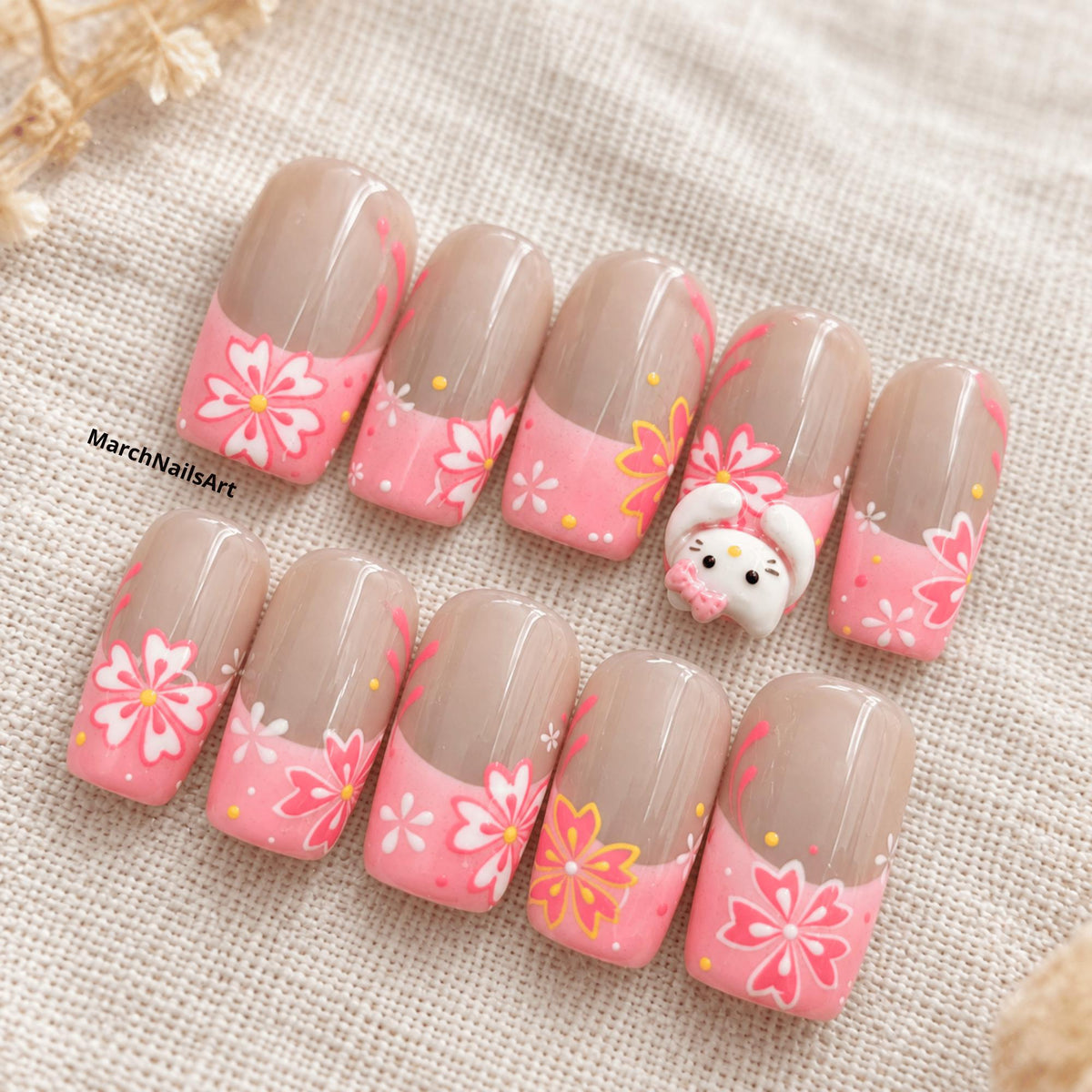 Kawaii Cat Press On Nails, Pink Floral French Tip Nails