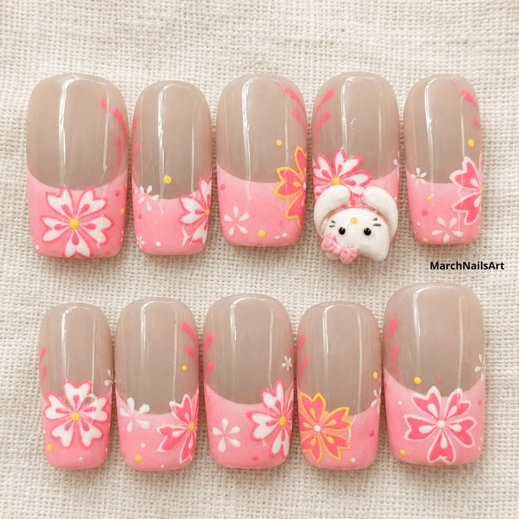 Kawaii Cat Press On Nails, Pink Floral French Tip Nails