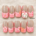 Kawaii Cat Press On Nails, Pink Floral French Tip Nails