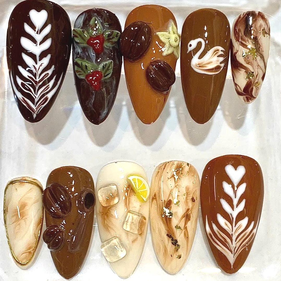 Handmade Press-On Nails, Coffee Bean, Swan, Botanical Designs (Set)