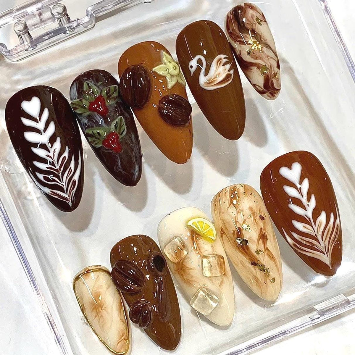 Handmade Press-On Nails, Coffee Bean, Swan, Botanical Designs (Set)