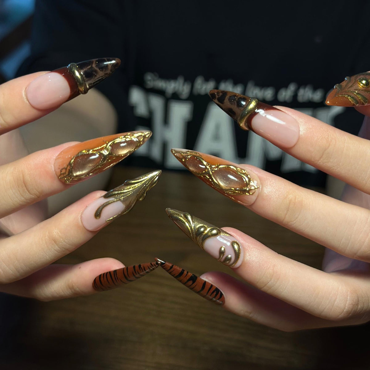Fall Press On Nails, Brown Gold Nails, Luxury 3D Nail Art, Long Stiletto Nails, Handmade Autumn Nails ,JB672WI