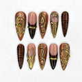 Fall Press On Nails, Brown Gold Nails, Luxury 3D Nail Art, Long Stiletto Nails, Handmade Autumn Nails ,JB672WI