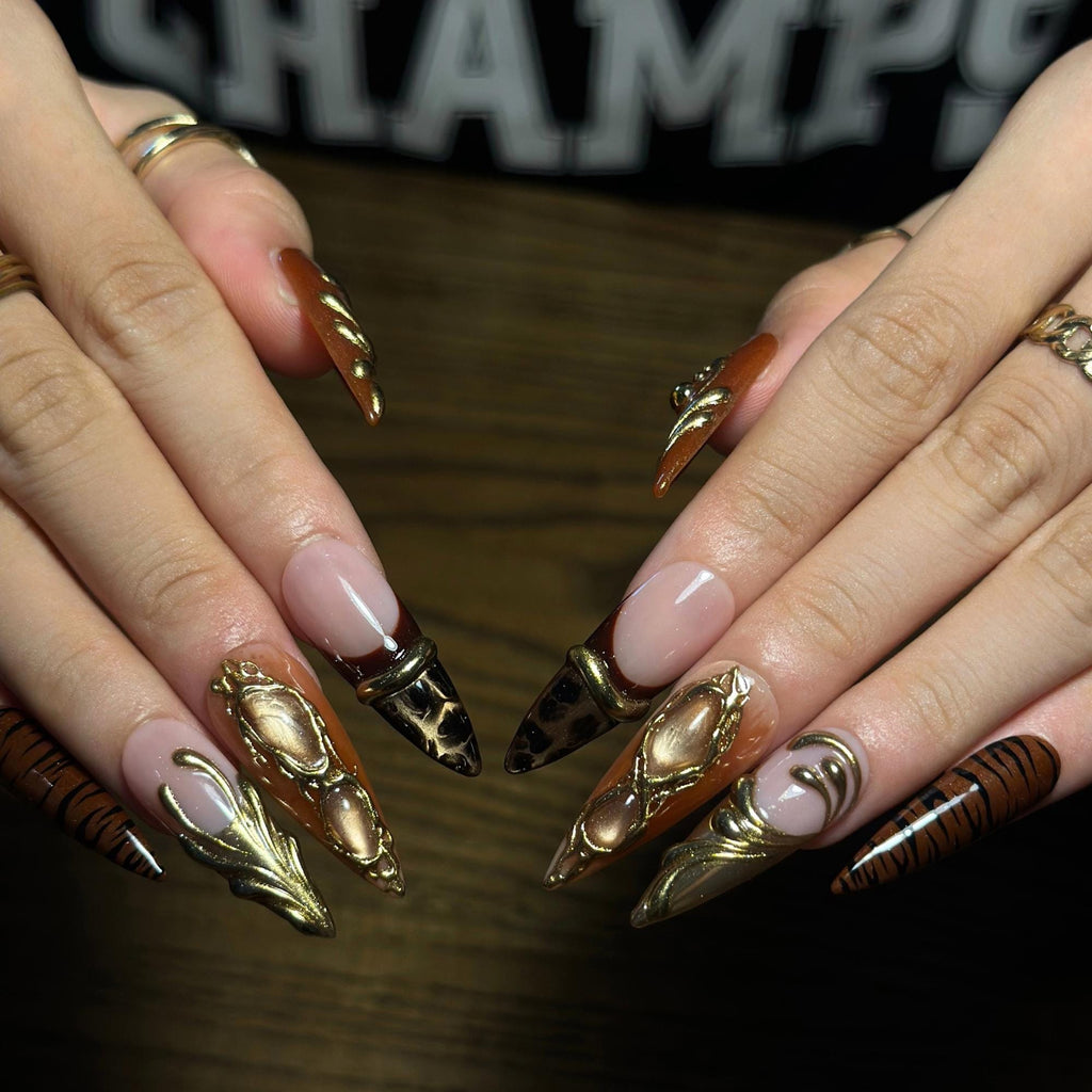Fall Press On Nails, Brown Gold Nails, Luxury 3D Nail Art, Long Stiletto Nails, Handmade Autumn Nails ,JB672WI