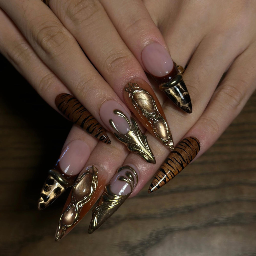 Fall Press On Nails, Brown Gold Nails, Luxury 3D Nail Art, Long Stiletto Nails, Handmade Autumn Nails ,JB672WI