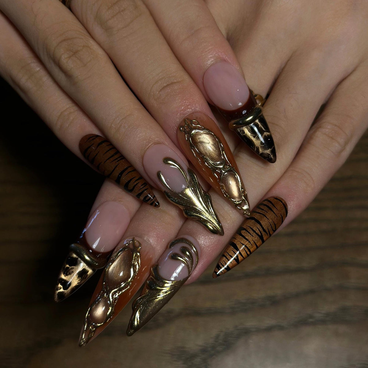 Fall Press On Nails, Brown Gold Nails, Luxury 3D Nail Art, Long Stiletto Nails, Handmade Autumn Nails ,JB672WI