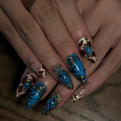 Turquoise Press On Nails, Western Jewelry Nails, Gold 3D Boho Nail Art, Vintage Ornamental Statement Nails, JB671UC