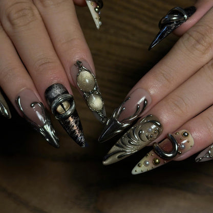 Jewelry Inspired Press On Nails, Antique Gold Silver 3D Nails, Vintage Metal Statement Nails, Luxury Abstract Nail Art, JB670UC