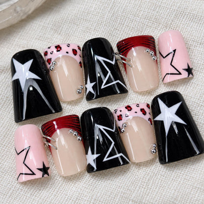 Y2K Punk Press On Nails, Pink Black Star Leopard Piercing Nail Set