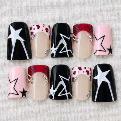 Y2K Punk Press On Nails, Pink Black Star Leopard Piercing Nail Set