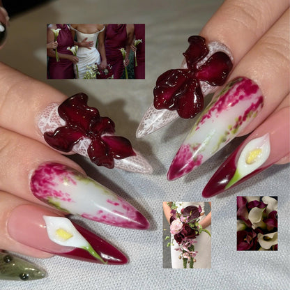 Floral Press On Nails with 3D Burgundy Flowers | Calla Lily & Olive Green Art | Botanical Statement Nails  | JB557UC