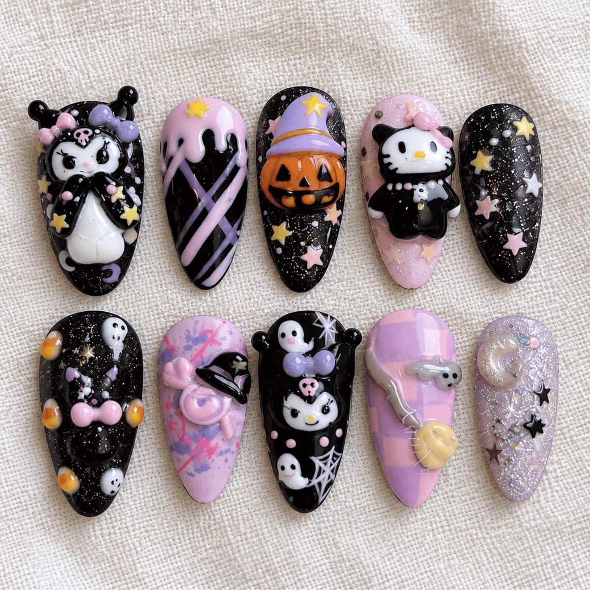 Black Pink Halloween Press On Nails, Spooky 3D Character Nails, Cute Kawaii Ghost Pumpkin Nail Set