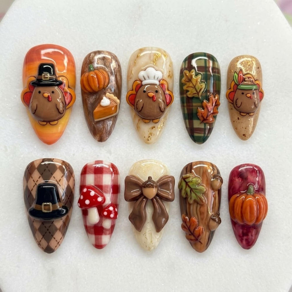 Cozy Thanksgiving Press On Nails | Woodland Harvest Inspiration | 3D Almond Nail Style | Acorn Leaf Bow Pumpkin Nail | Cute Turkey Art Nail