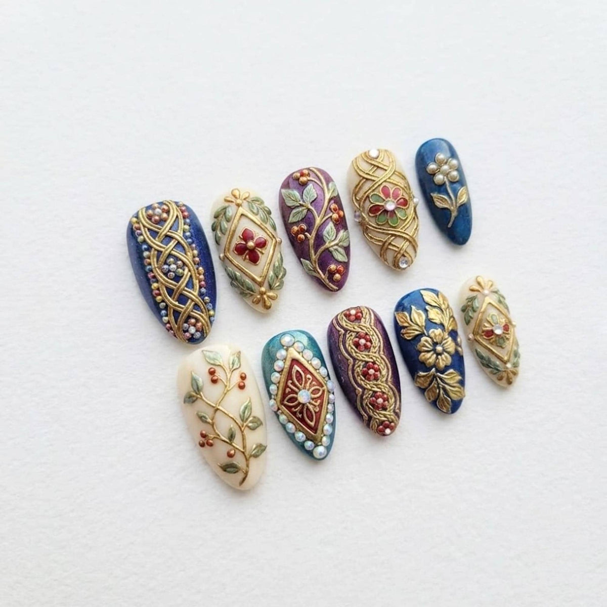 Baroque Floral Press On Nails | Vintage Royal Garden Inspiration | Luxury Almond Nail Style | Gold Filigree Pearl Nail | Ornate Nail Art