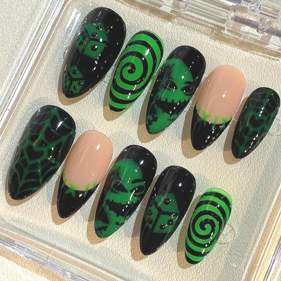 Oogie Boogie Halloween Press On Nails | Neon Green Gothic Nail Art Set