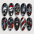 Handmade Gothic Christmas Press On Nails, Skeleton Santa Nail Set, Candy Cane Tree & Snowflake Accents, Nails For Dark Holiday Vibes