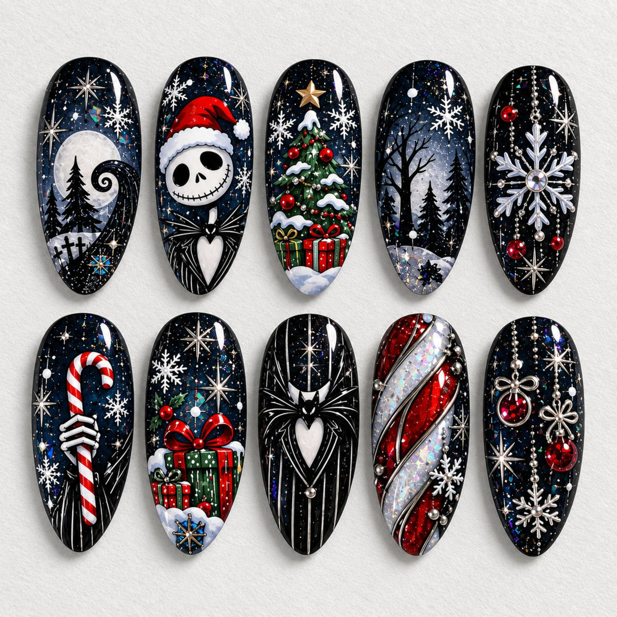 Handmade Gothic Christmas Press On Nails, Skeleton Santa Nail Set, Candy Cane Tree & Snowflake Accents, Nails For Dark Holiday Vibes