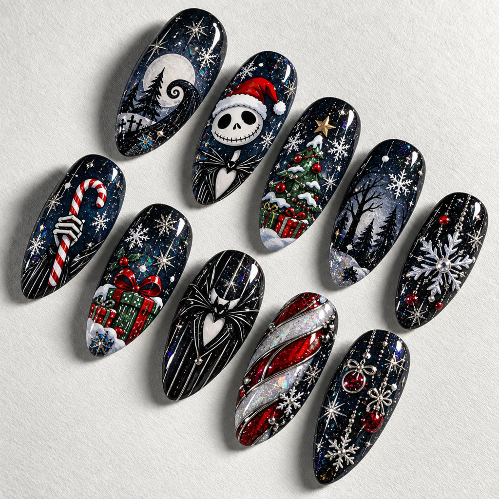Handmade Gothic Christmas Press On Nails, Skeleton Santa Nail Set, Candy Cane Tree & Snowflake Accents, Nails For Dark Holiday Vibes