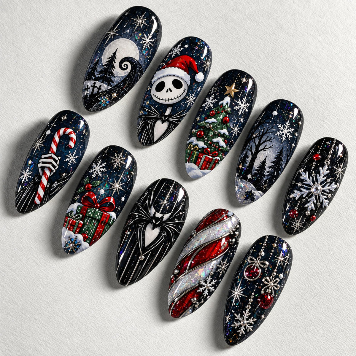 Handmade Gothic Christmas Press On Nails, Skeleton Santa Nail Set, Candy Cane Tree & Snowflake Accents, Nails For Dark Holiday Vibes