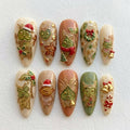 Kawaii Christmas Press On Nails, Cute Holiday Character Nail Set, Wreath, Candy Cane & Star Cookie Accents, Handmade Festive Nails