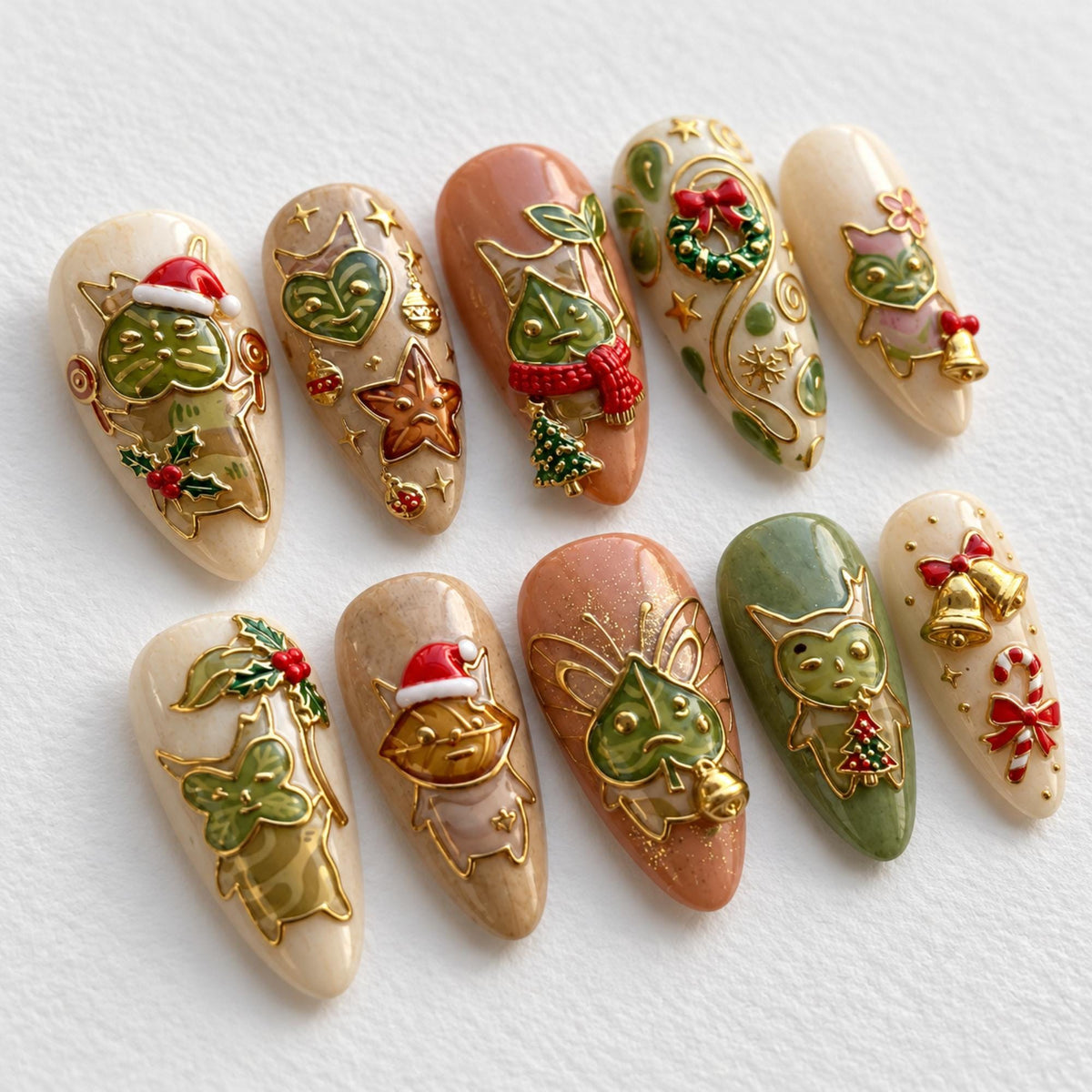 Kawaii Christmas Press On Nails, Cute Holiday Character Nail Set, Wreath, Candy Cane & Star Cookie Accents, Handmade Festive Nails