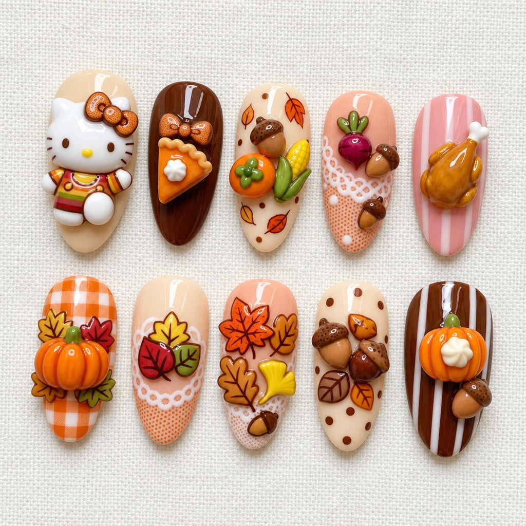 Handmade Kawaii Thanksgiving Press On Nails, Hello Kitty Nail Set, Pumpkin Pie & Acorn Accents, Nails For Cozy Fall Vibes