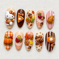 Handmade Kawaii Thanksgiving Press On Nails, Hello Kitty Nail Set, Pumpkin Pie & Acorn Accents, Nails For Cozy Fall Vibes