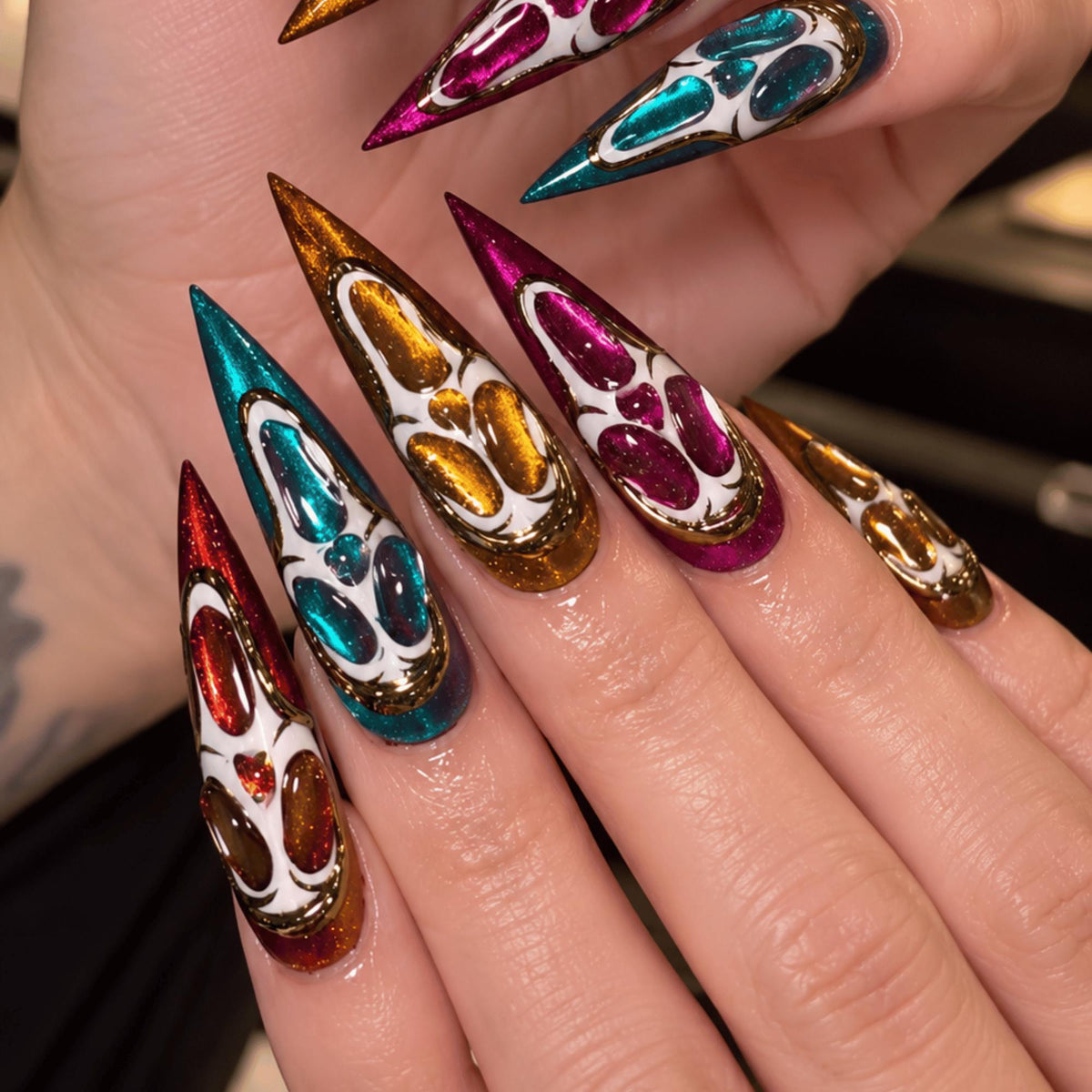 Scream Face Halloween Press On Nails, Colorful Cat Eye Long Stiletto Nails, Ghost