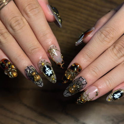 Halloween Press On Nails, Gothic Spider Web Nails, 3D Ghost Nails, Gold Chrome Luxury Nails, Handmade Halloween Nail Set | JB667WC