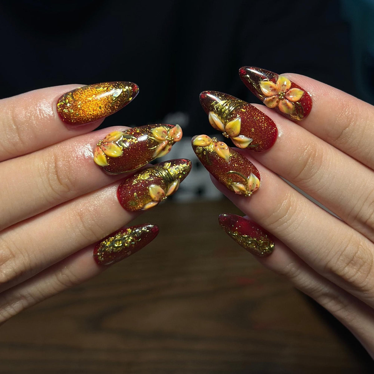 Fall Press On Nails, Burgundy Gold Nails, 3D Floral Nails, Luxury Autumn Nails, Handmade Fake Nails ,JB673WC