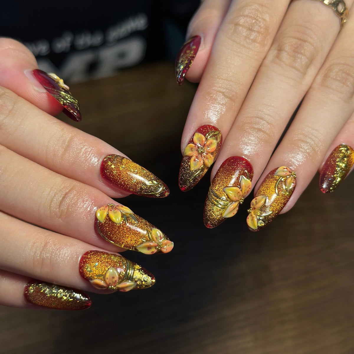 Fall Press On Nails, Burgundy Gold Nails, 3D Floral Nails, Luxury Autumn Nails, Handmade Fake Nails ,JB673WC