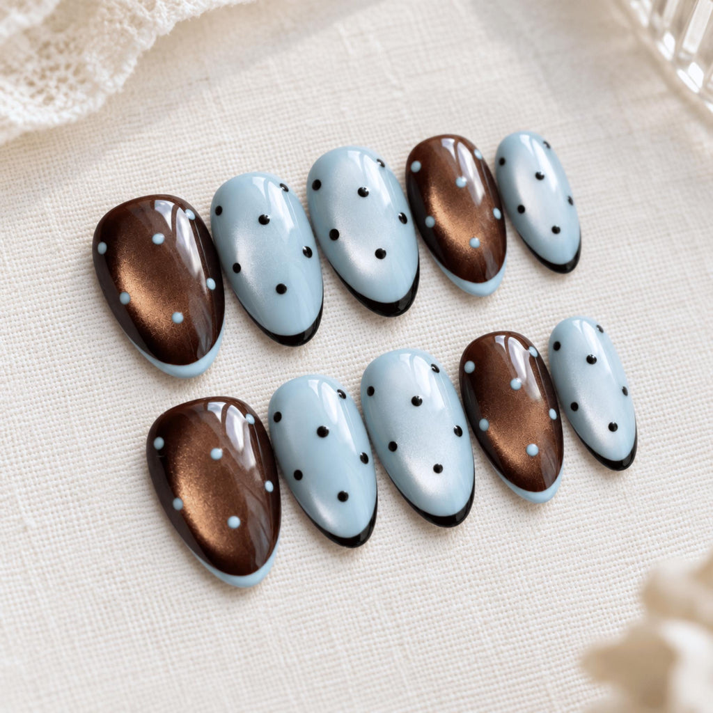 Brown Blue Polka Dot Press On Nails, Retro Chocolate Cat Eye Nails