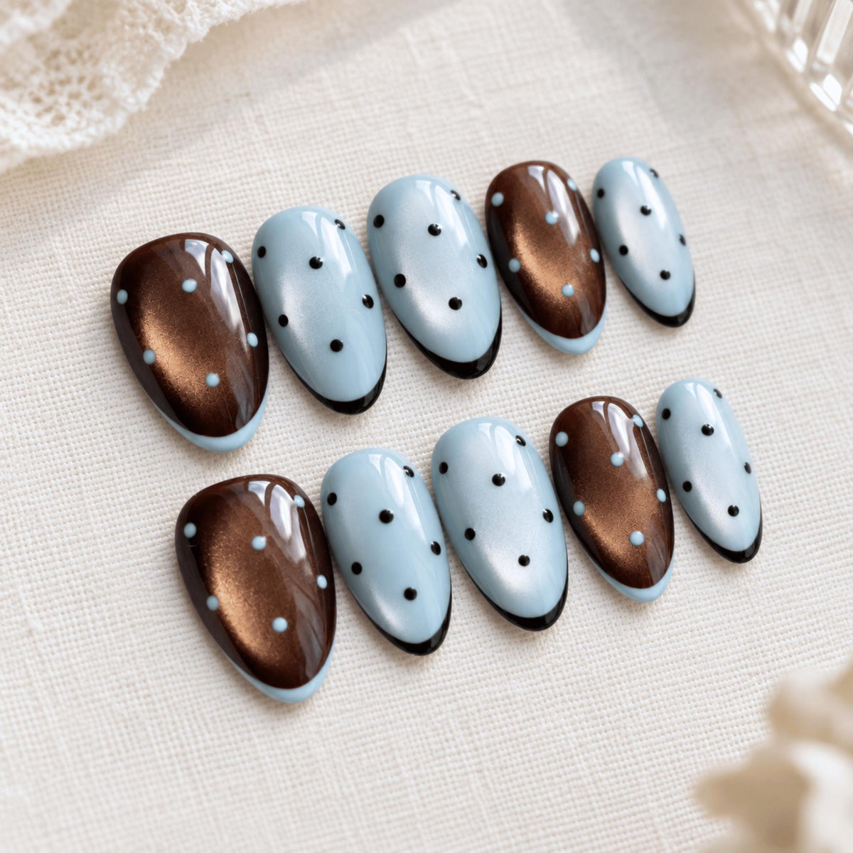 Brown Blue Polka Dot Press On Nails, Retro Chocolate Cat Eye Nails
